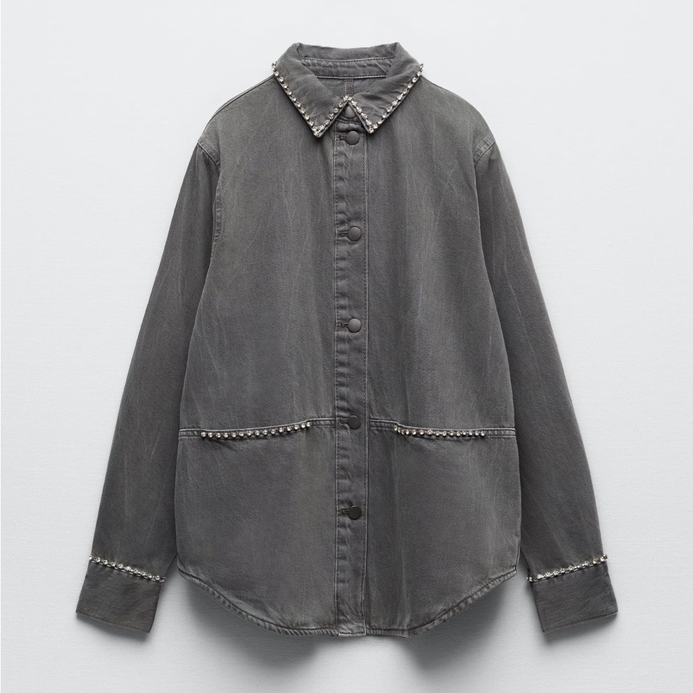 Women Zara Rhinestone Denim Overshirt Size XS - Picture 7 of 11